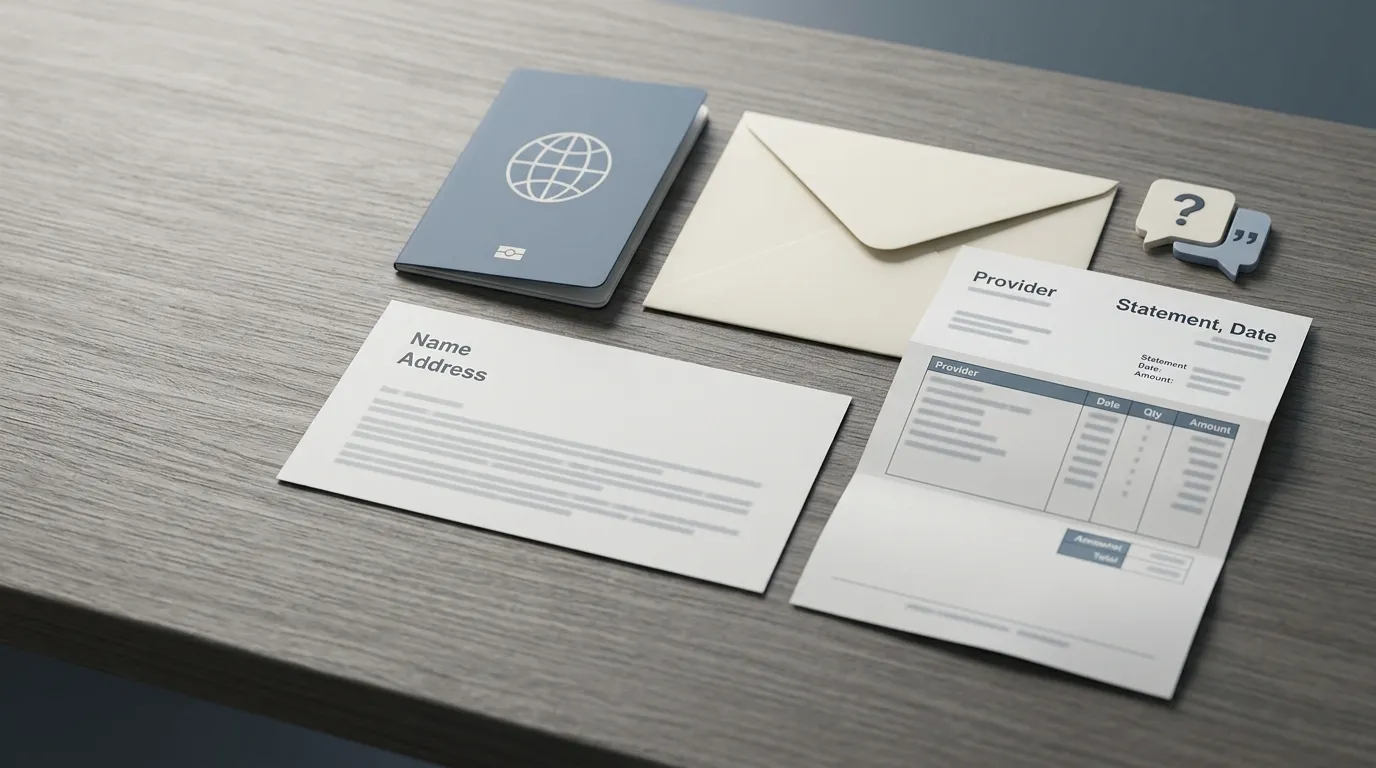Editorial illustration of an identity verification checklist with document silhouettes and support icons