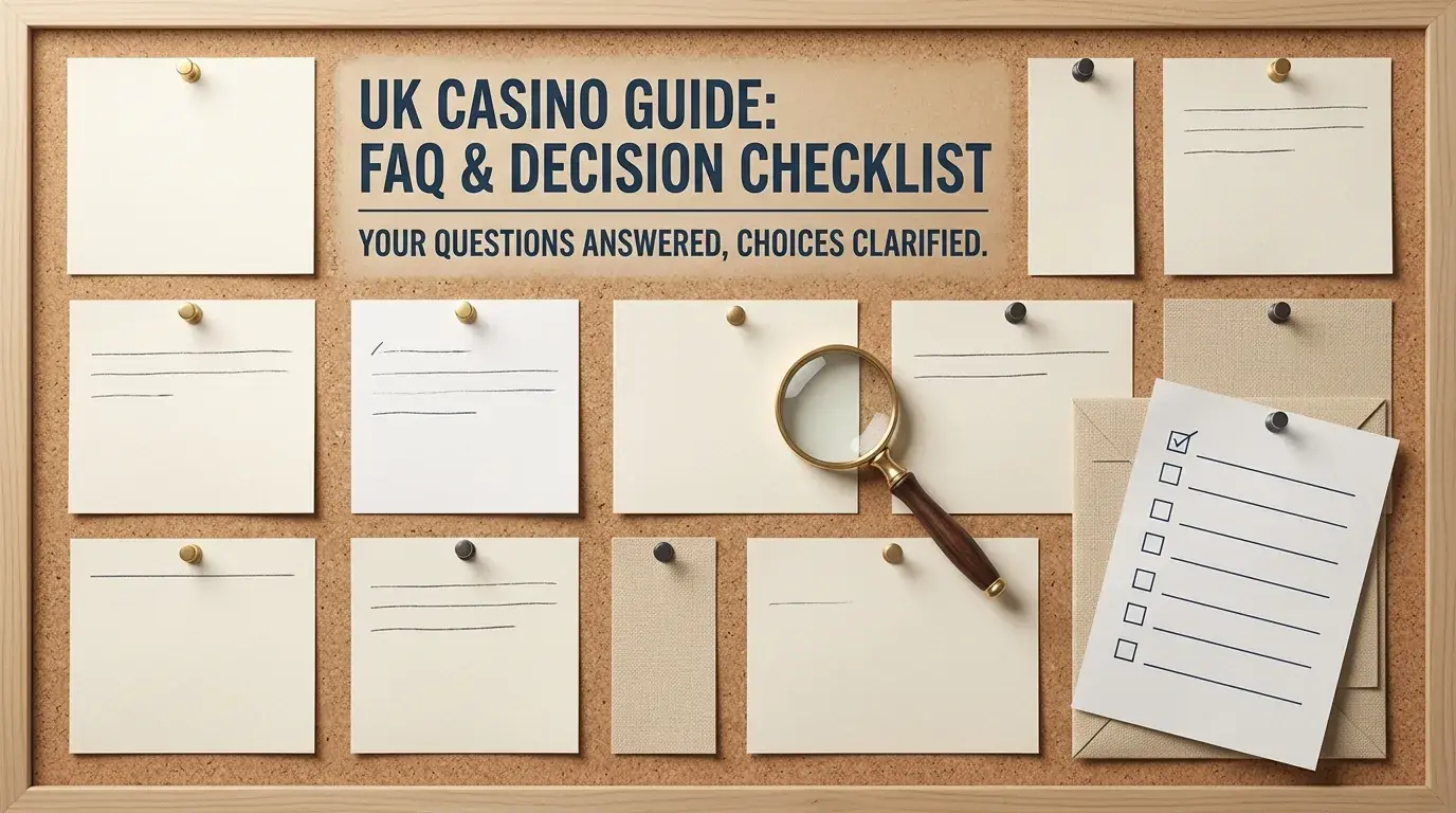 Illustration of a UK casino FAQ board with checklist cards