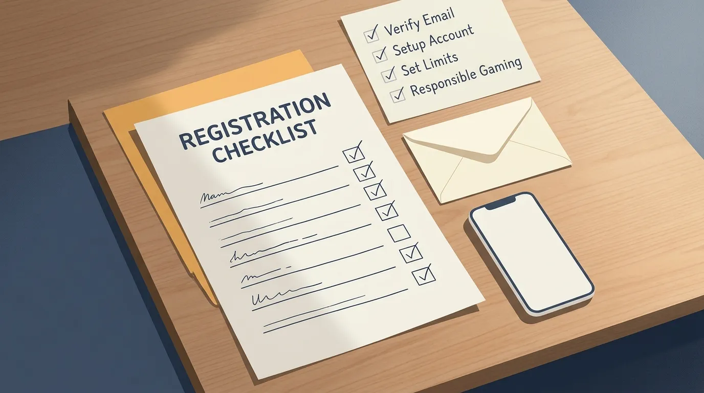 Editorial illustration of a registration checklist with account, payment, verification and mobile icons
